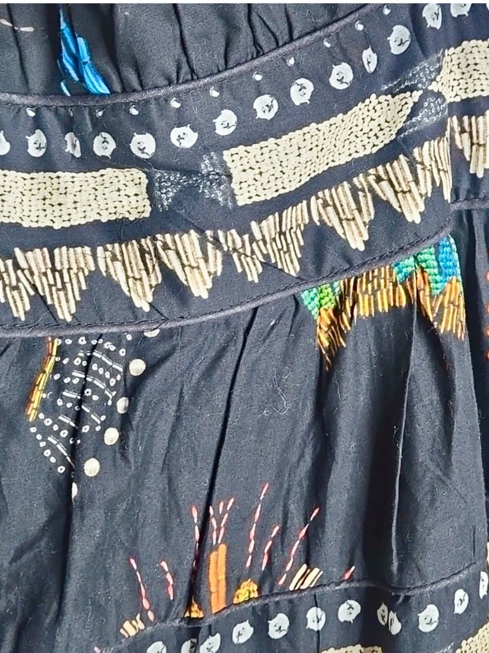 Farm Rio Sz S Boho Tiered Black Maxi Dress w Colorful Floral Embroidered Motif